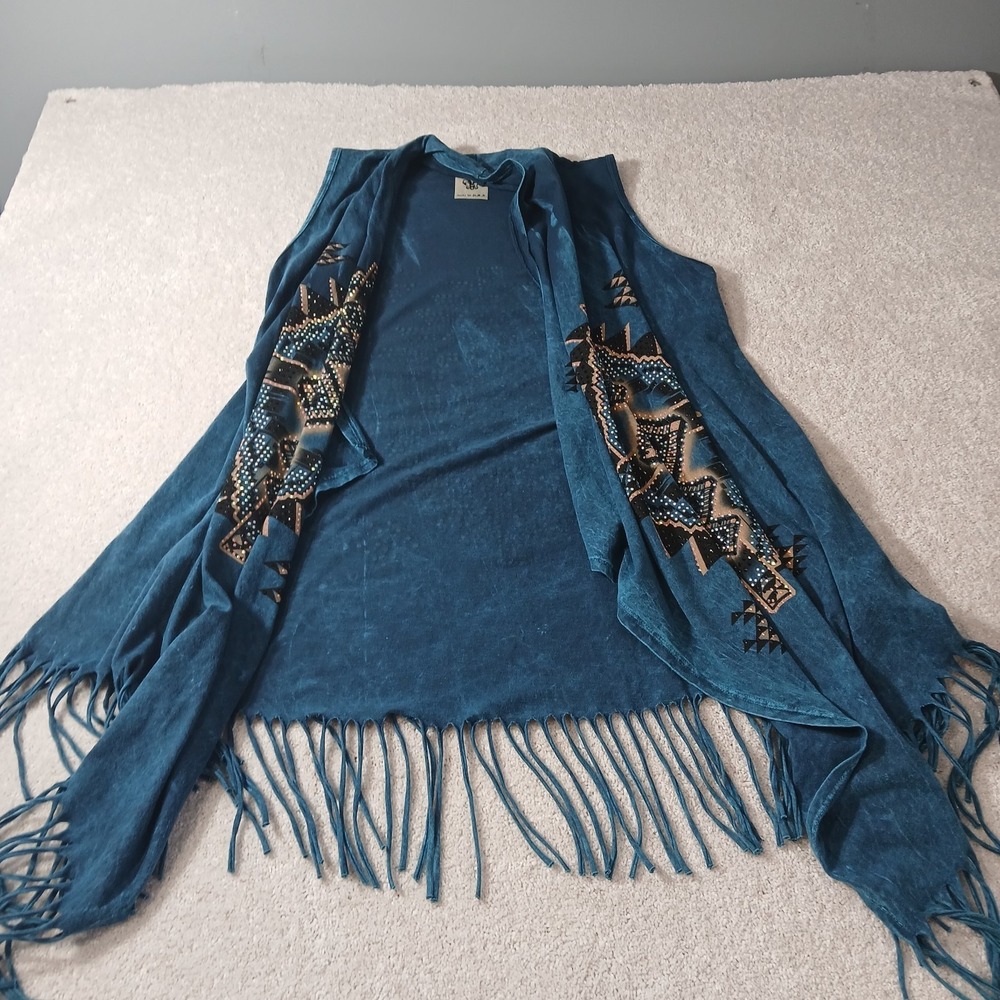 USA Vocal Southwestern Long Cardigan Womens Med Turquoise Rhinestone Boho Aztec